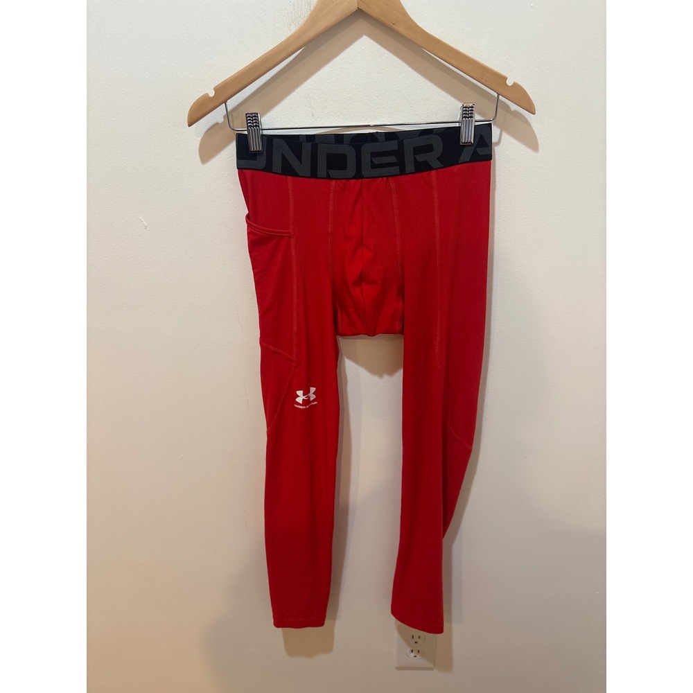 Under Armour HeatGear Mens Red Compression Leggings Side Pocket Medium Training
